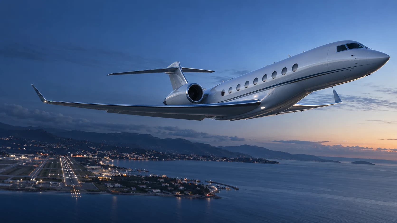 Long-range private jet in flight