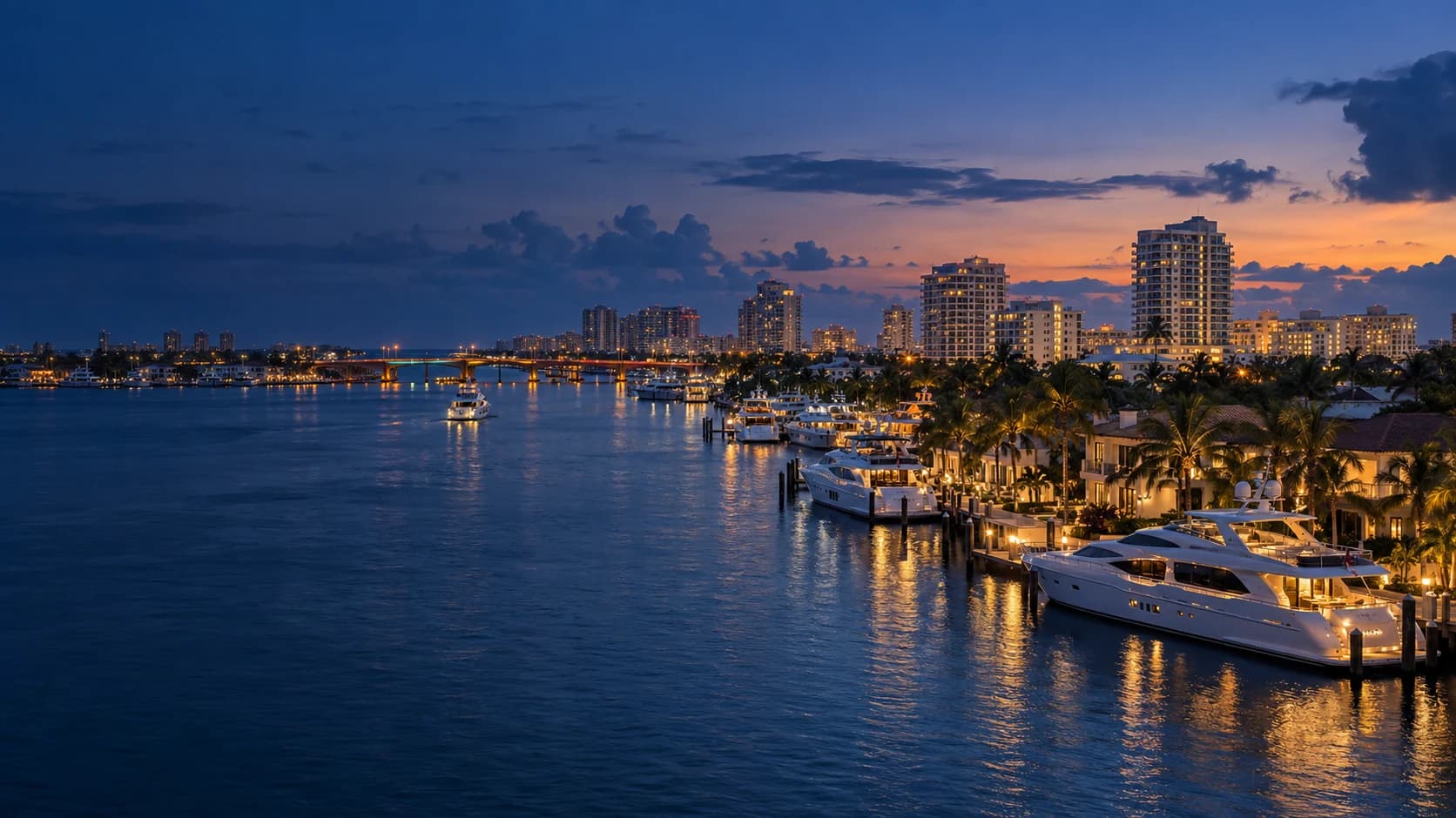 Fort Lauderdale waterfront, marina and skyline at blue hour