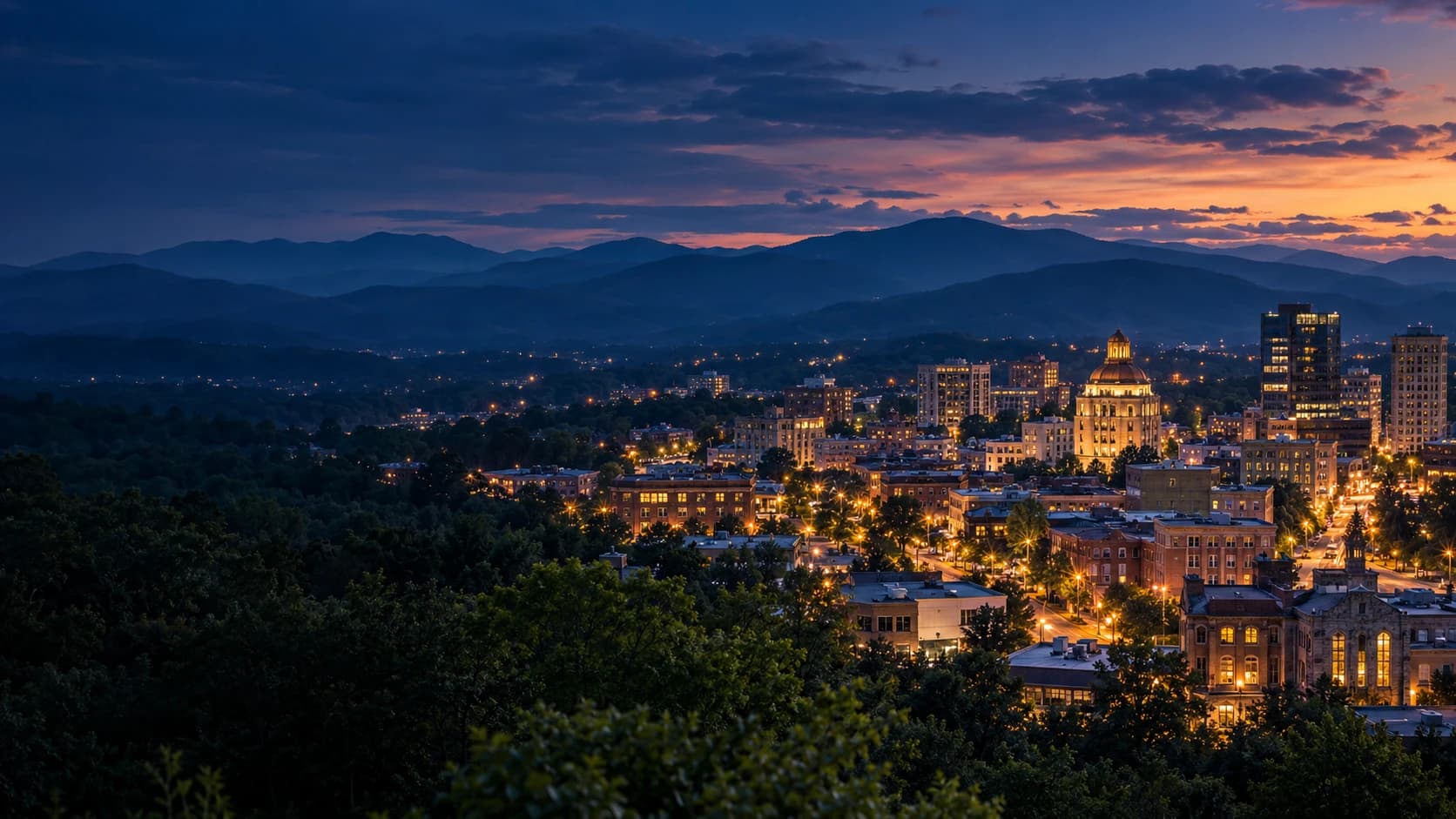 Asheville and the Blue Ridge Mountains at blue hour