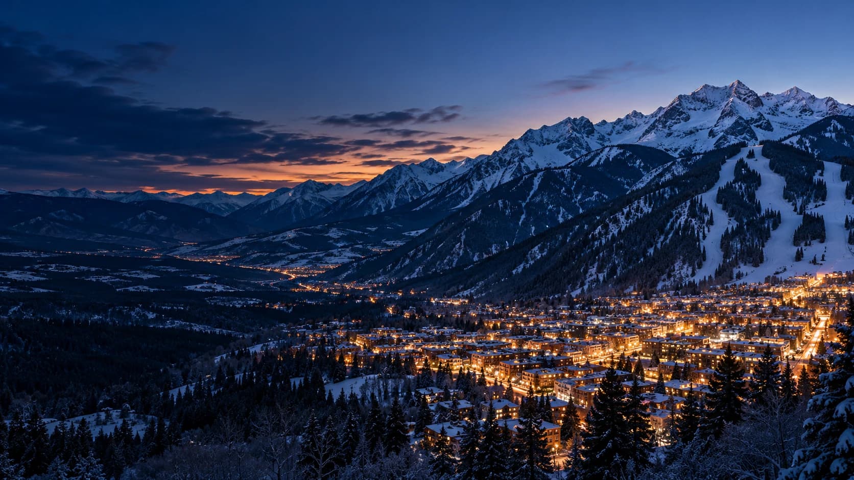 Aspen and the Elk Mountains at blue hour