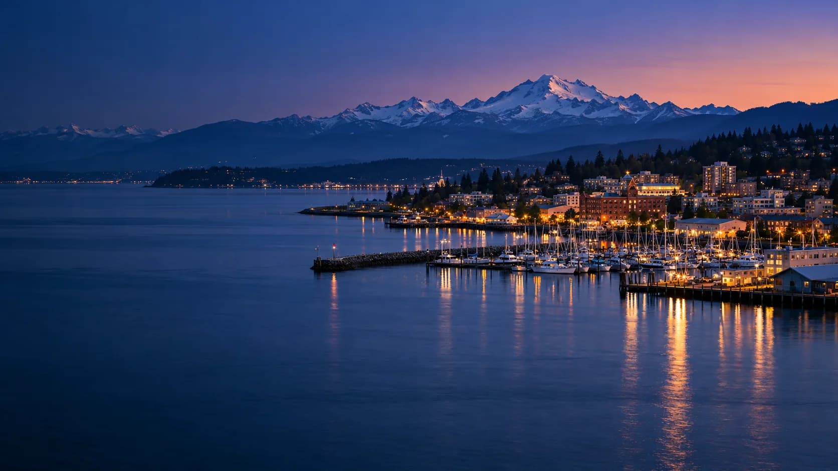 Bellingham waterfront and the Cascades at blue hour