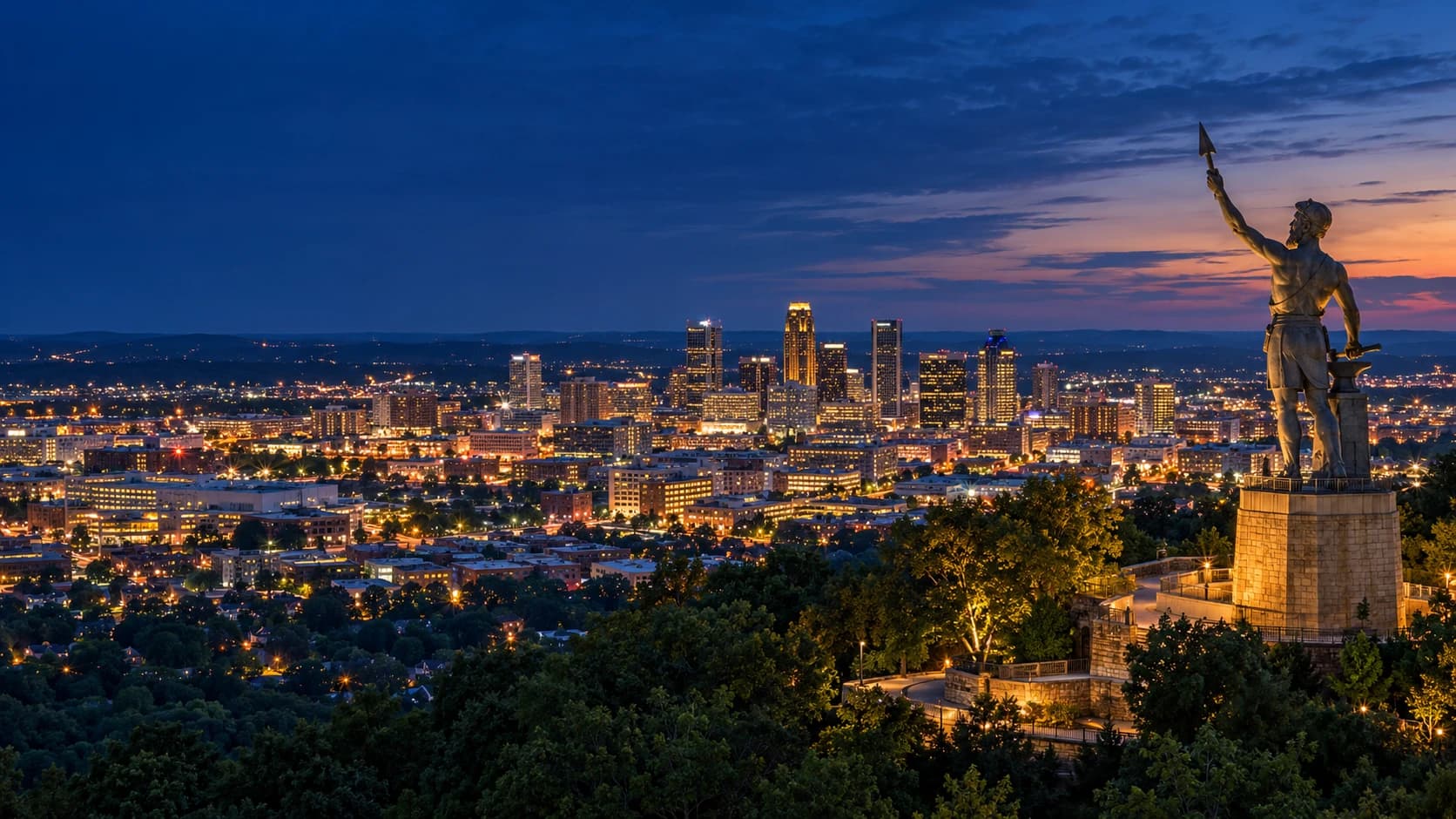 Birmingham, Alabama and Vulcan at blue hour