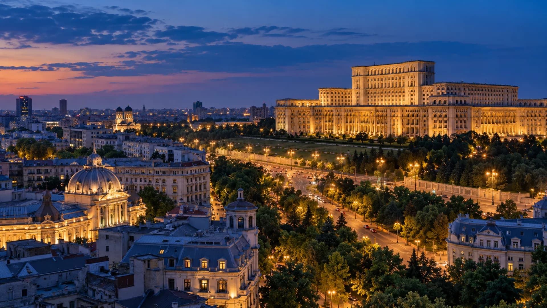 Bucharest and the Palace of Parliament at blue hour