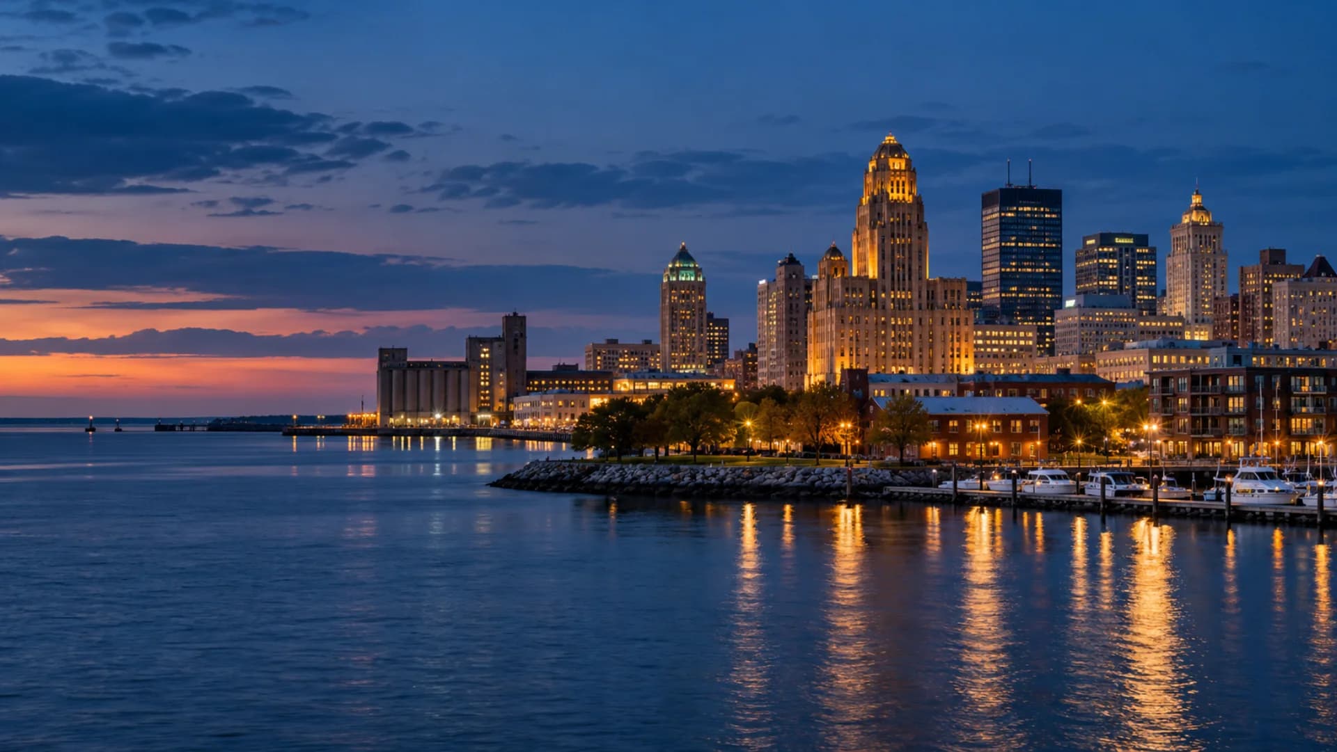 Buffalo skyline and Lake Erie waterfront at blue hour