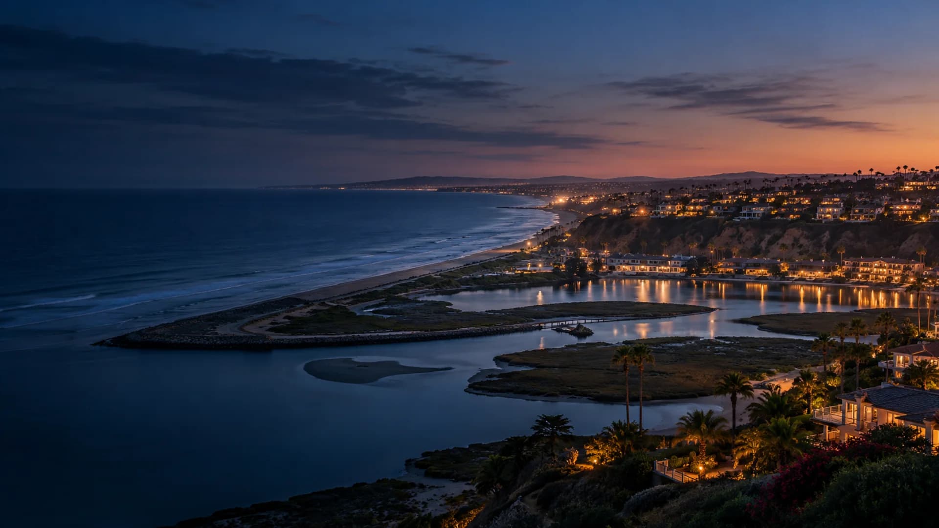 Carlsbad coastline and lagoon at blue hour