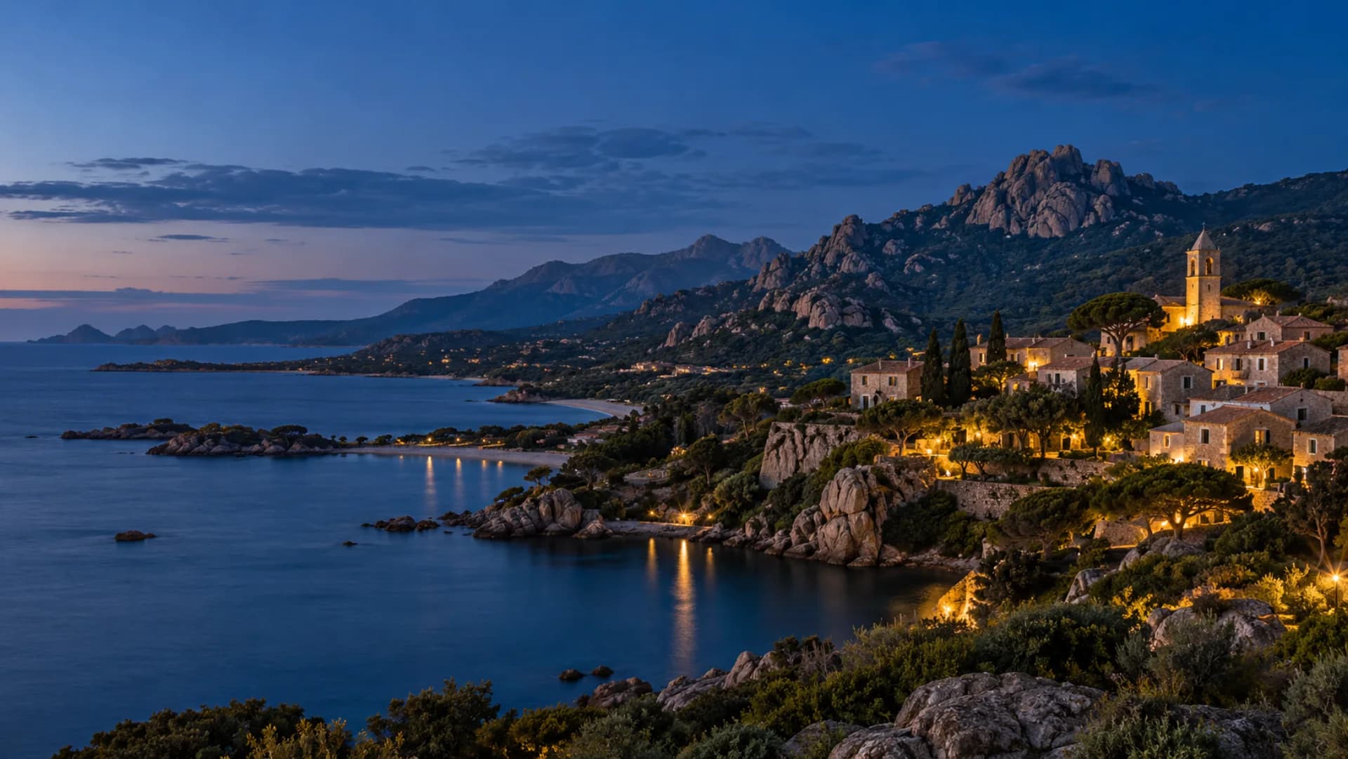 Figari valley and Corsican coast at blue hour