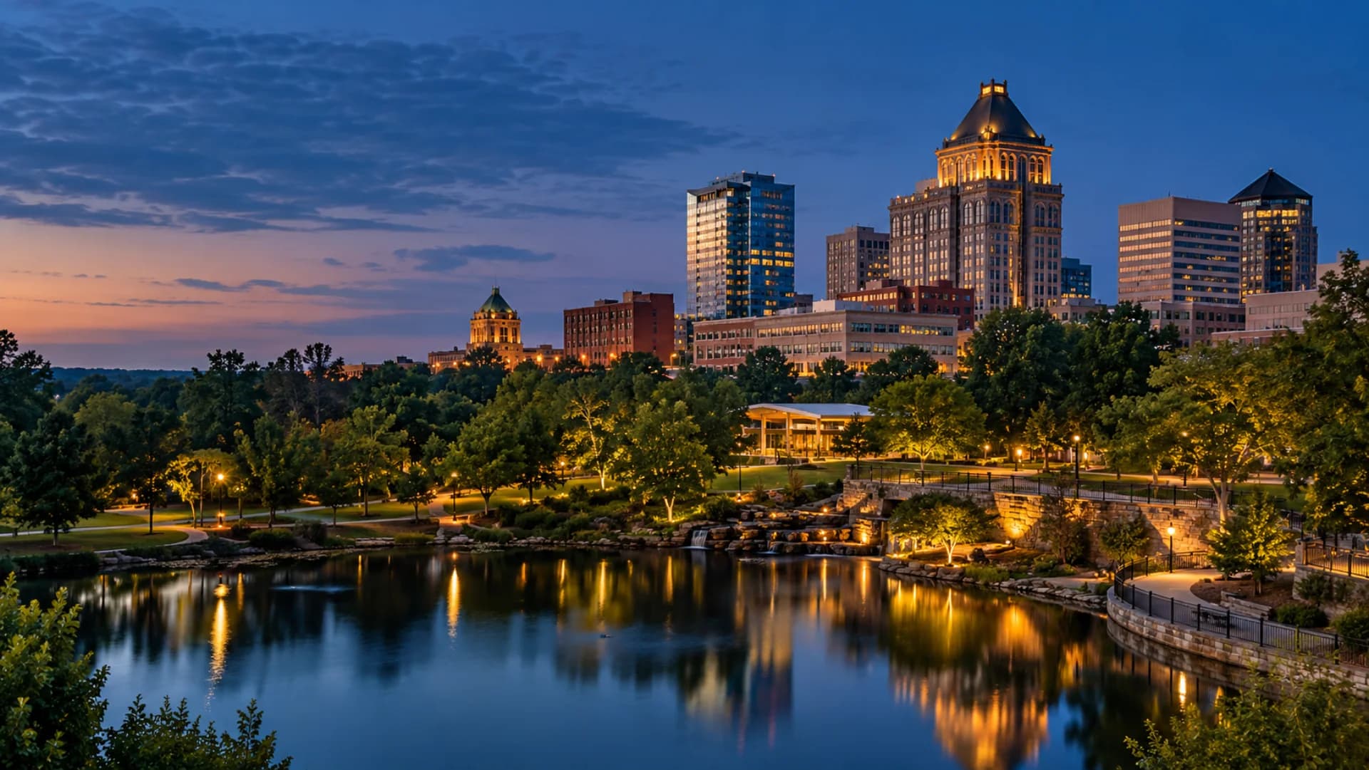 Greensboro skyline and Piedmont landscape at blue hour