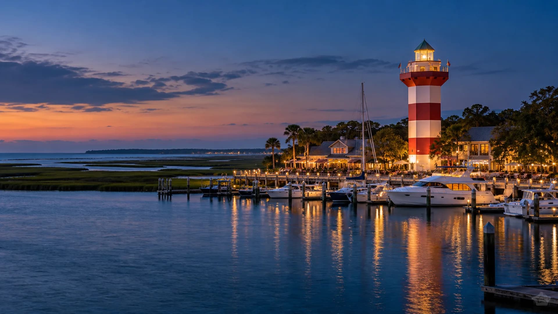 Hilton Head Island marina and salt marshes at blue hour
