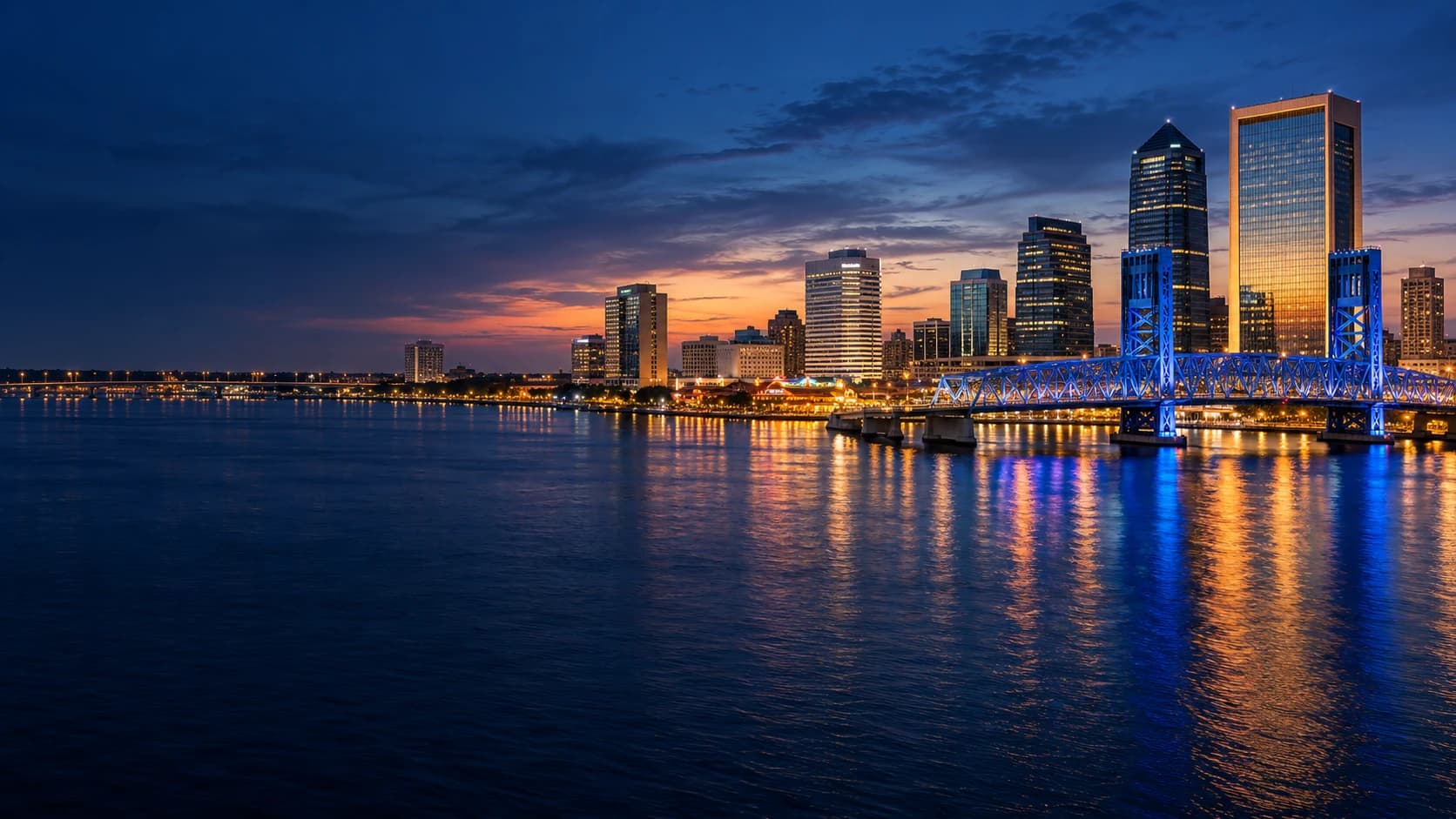 Jacksonville skyline and the St. Johns River at blue hour