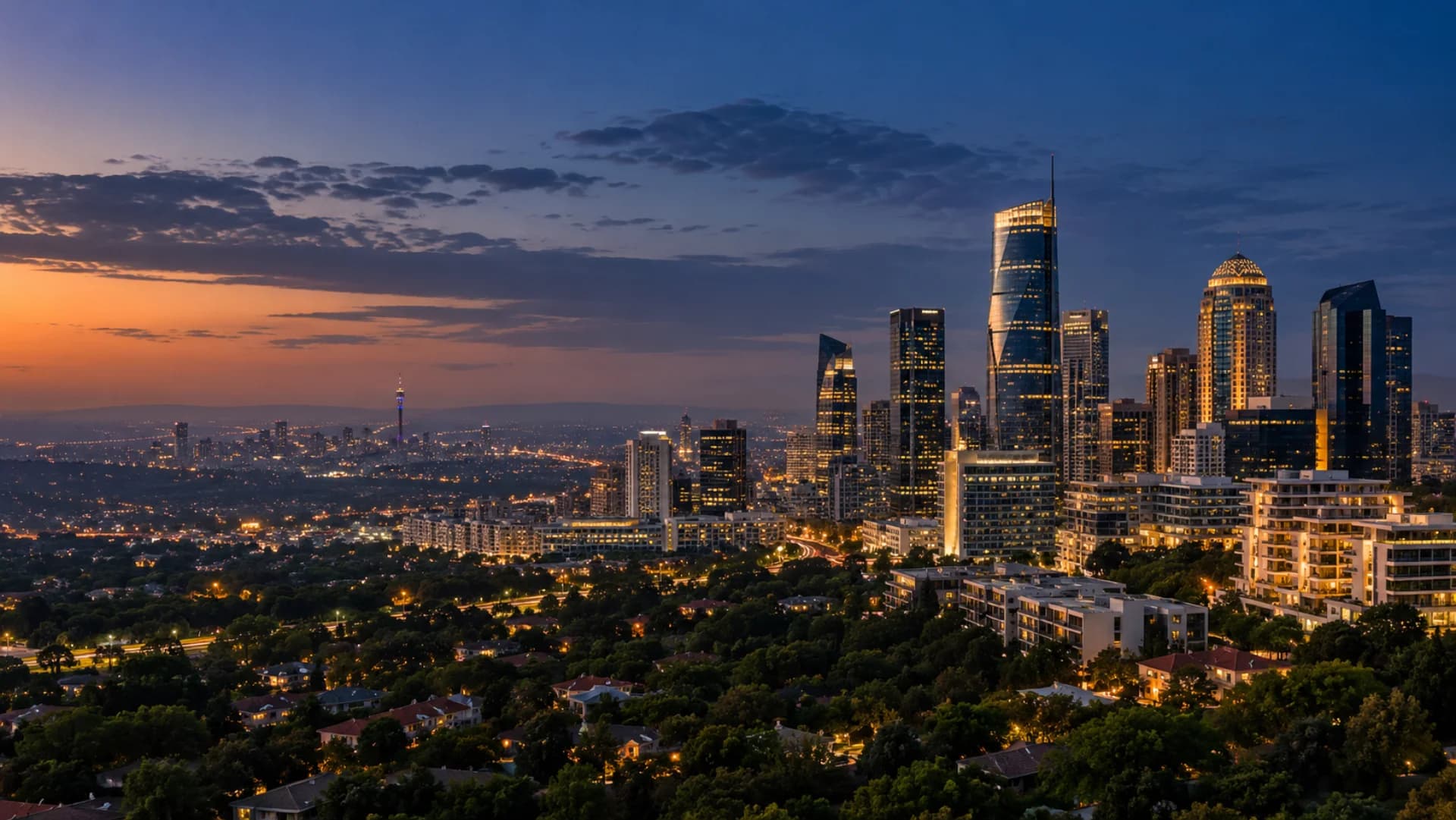 Johannesburg skyline and Highveld at blue hour