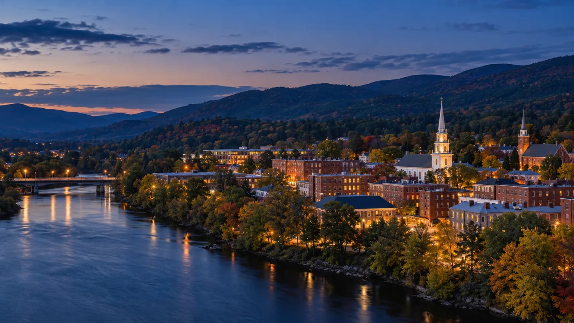 Lebanon and the Upper Valley hills of New Hampshire at blue hour