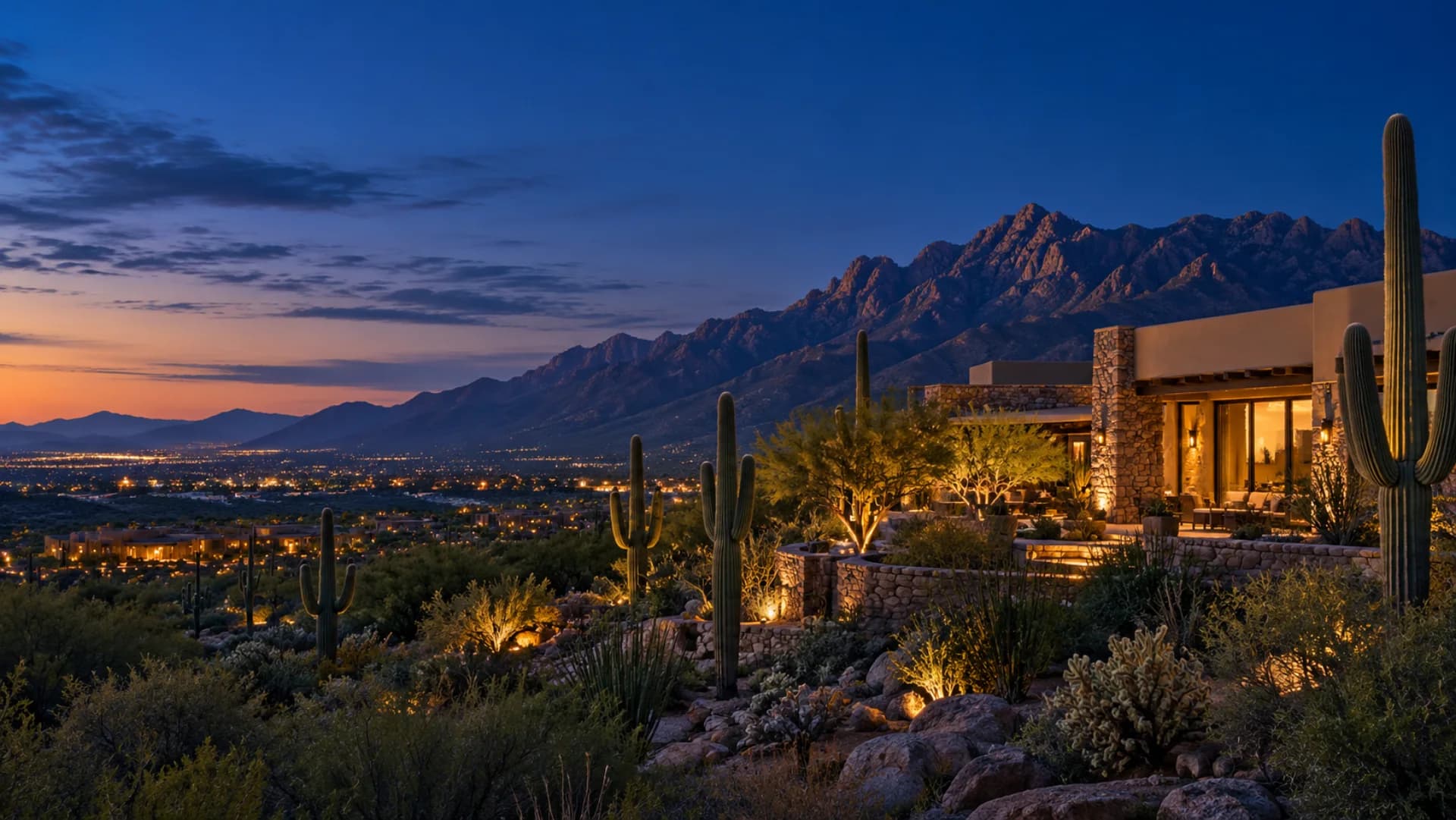 Marana, the Sonoran Desert and Santa Catalina Mountains at blue hour