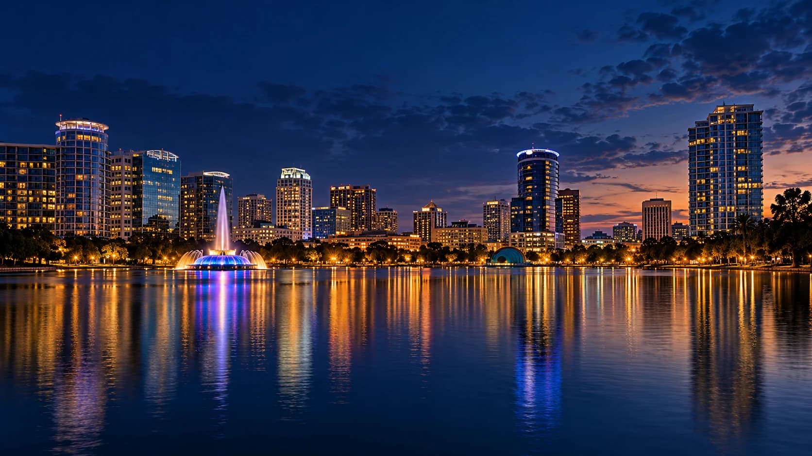 Lake Eola and downtown Orlando at blue hour