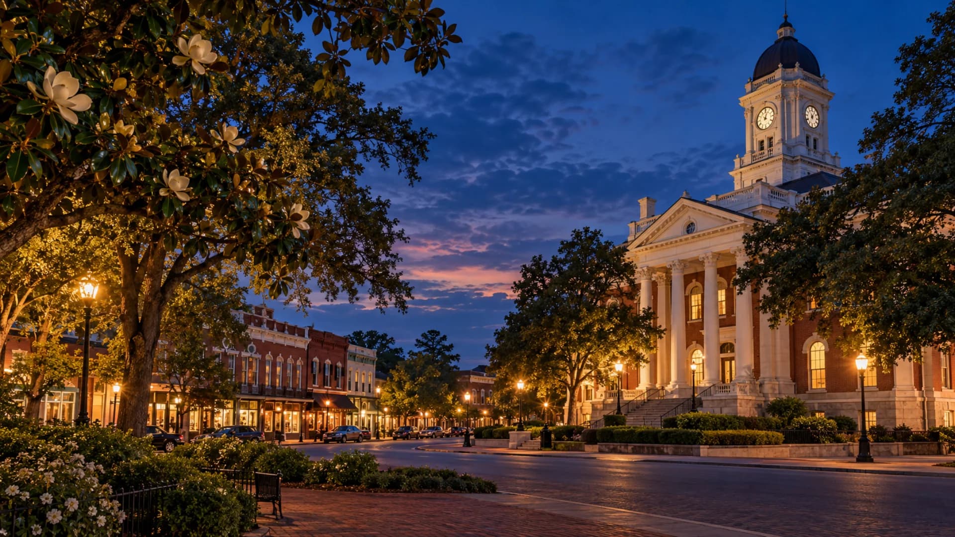 Oxford, Mississippi courthouse square at blue hour