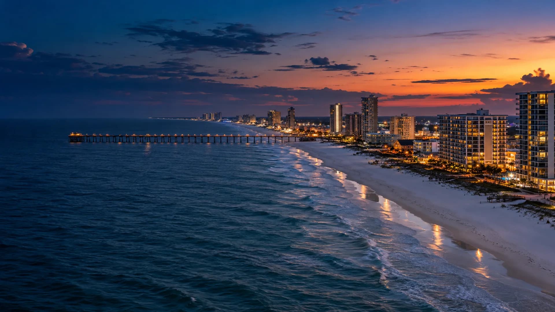Panama City Beach and the Gulf of Mexico at blue hour