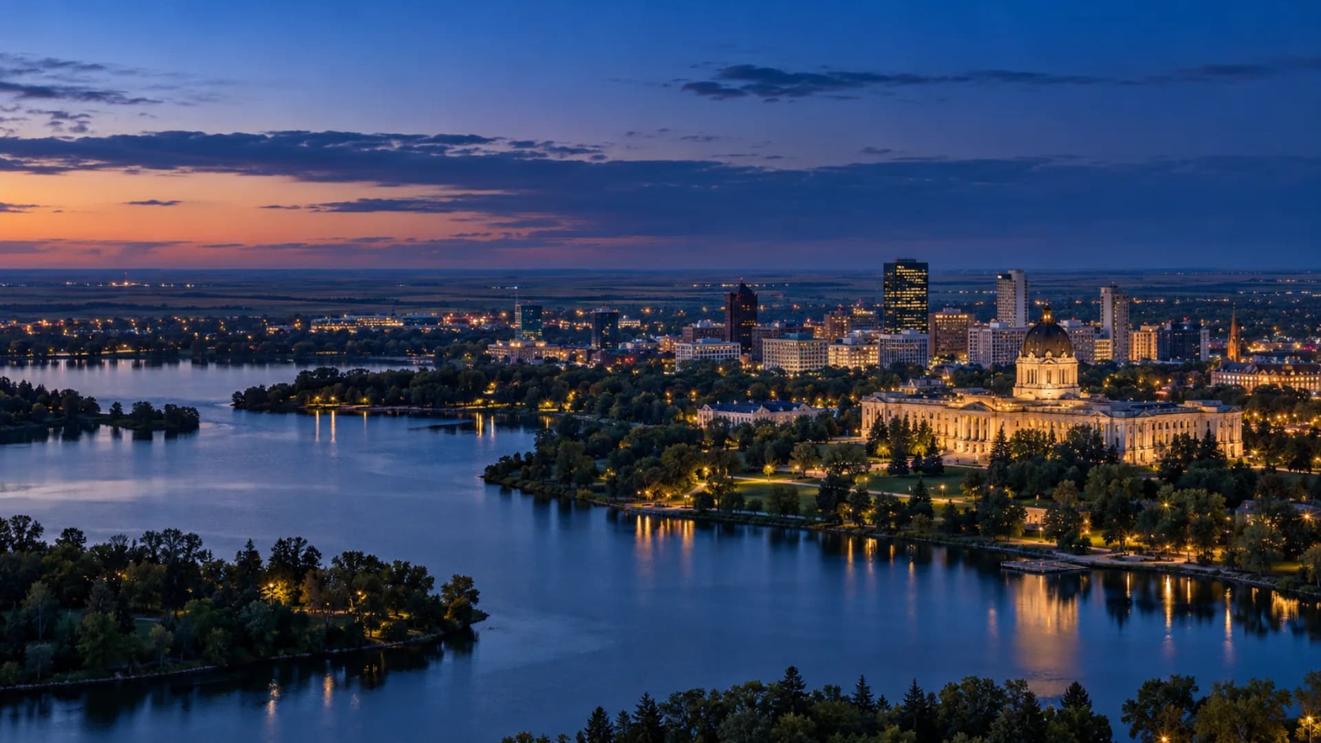 Regina, Wascana Lake and the Saskatchewan Legislative Building at blue hour