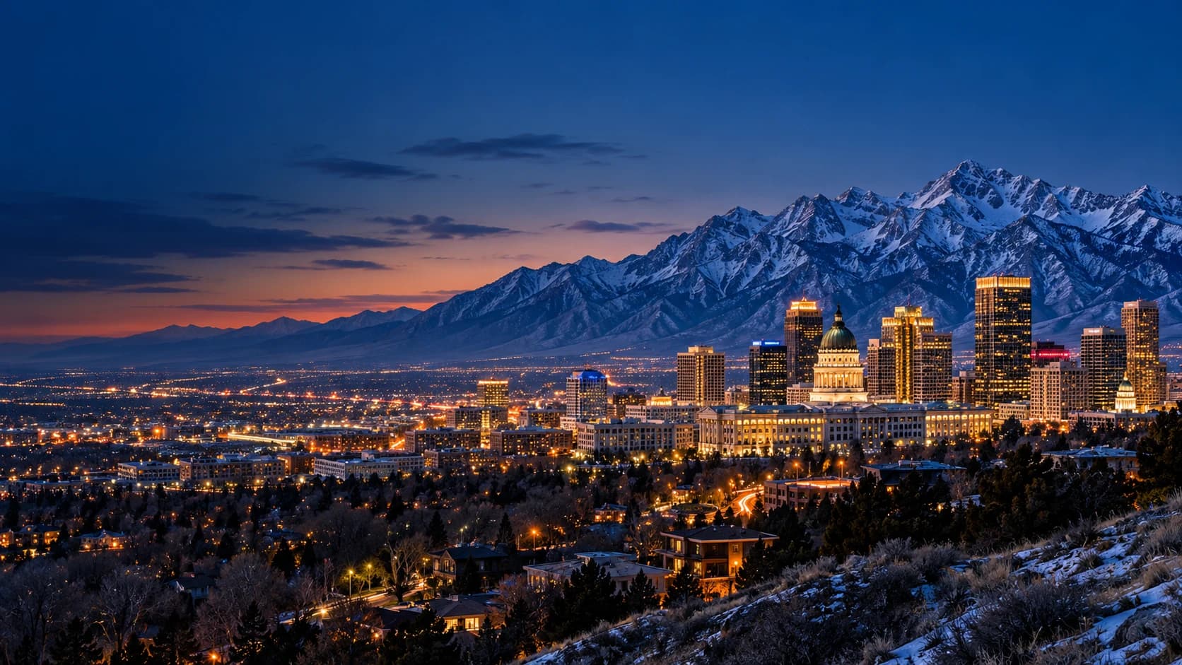 Salt Lake City and the Wasatch Mountains at blue hour