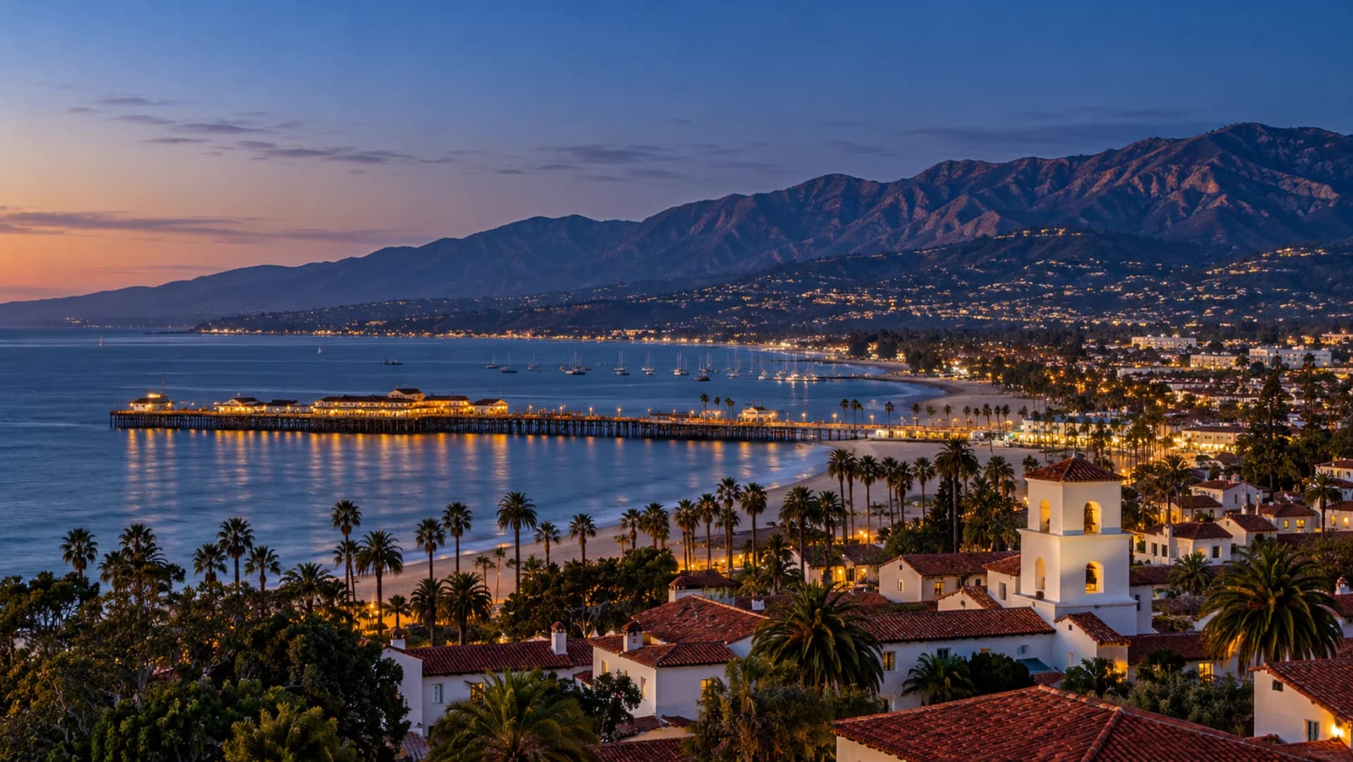 Santa Barbara waterfront, Stearns Wharf and the Santa Ynez Mountains at blue hour