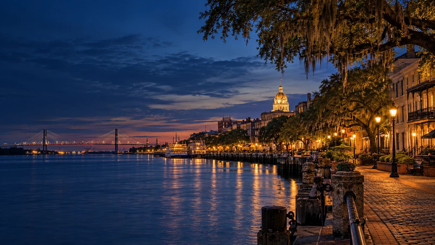 Savannah riverfront at blue hour