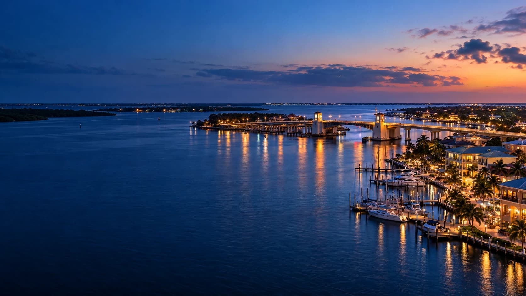 Stuart waterfront and the St. Lucie River at blue hour