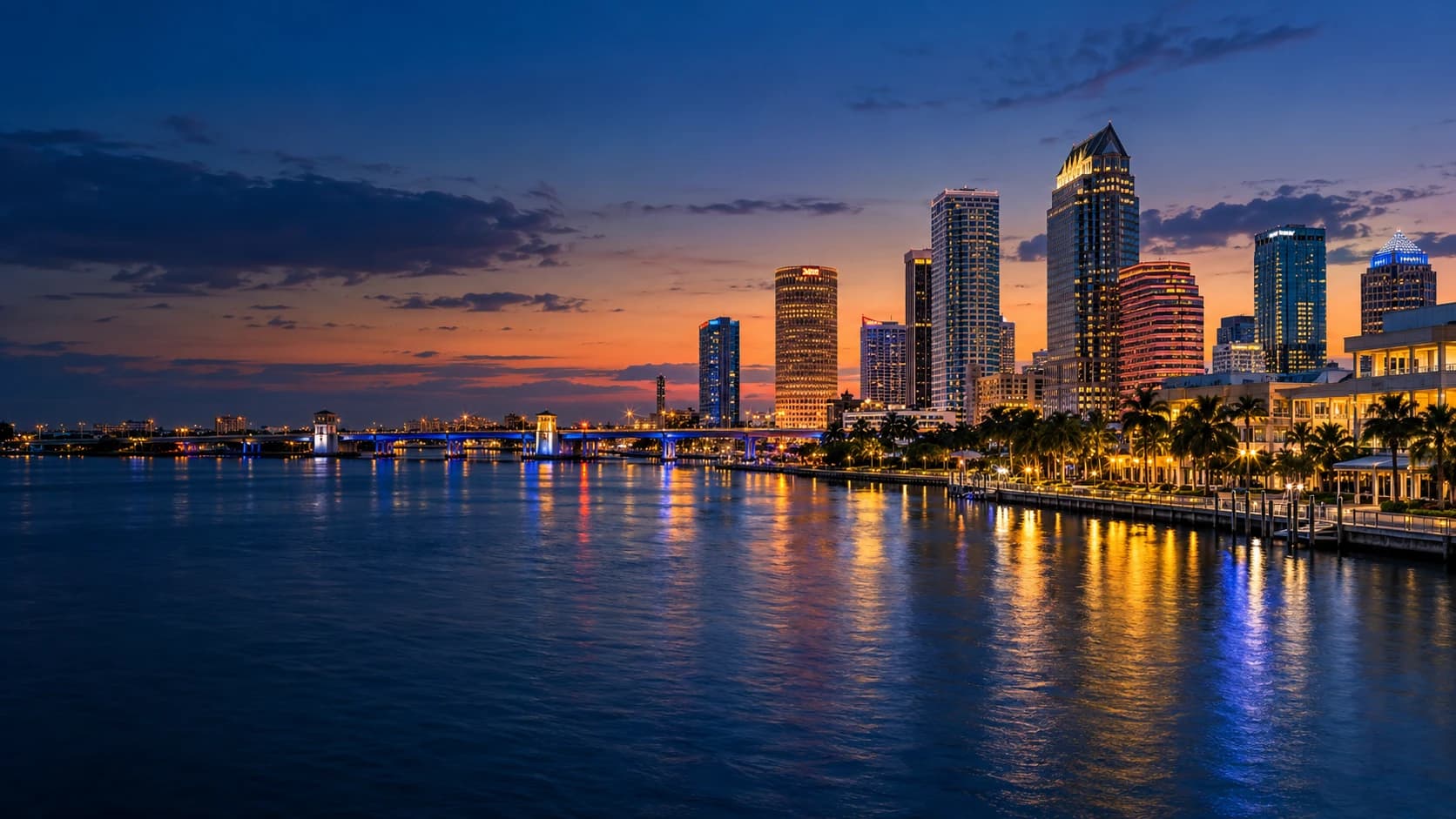 Tampa Bay waterfront and skyline at blue hour
