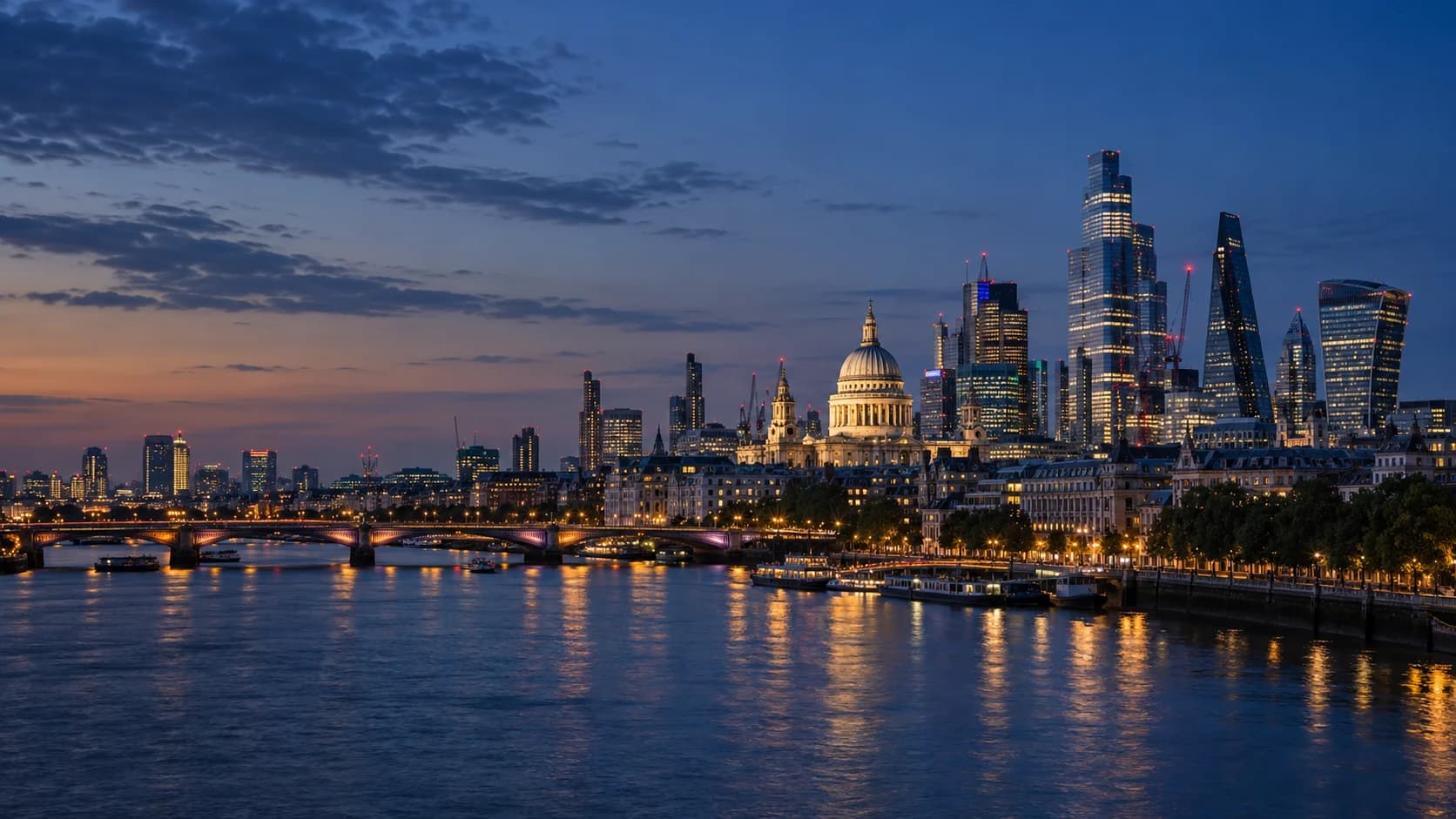 London and St Paul's Cathedral across the River Thames at blue hour